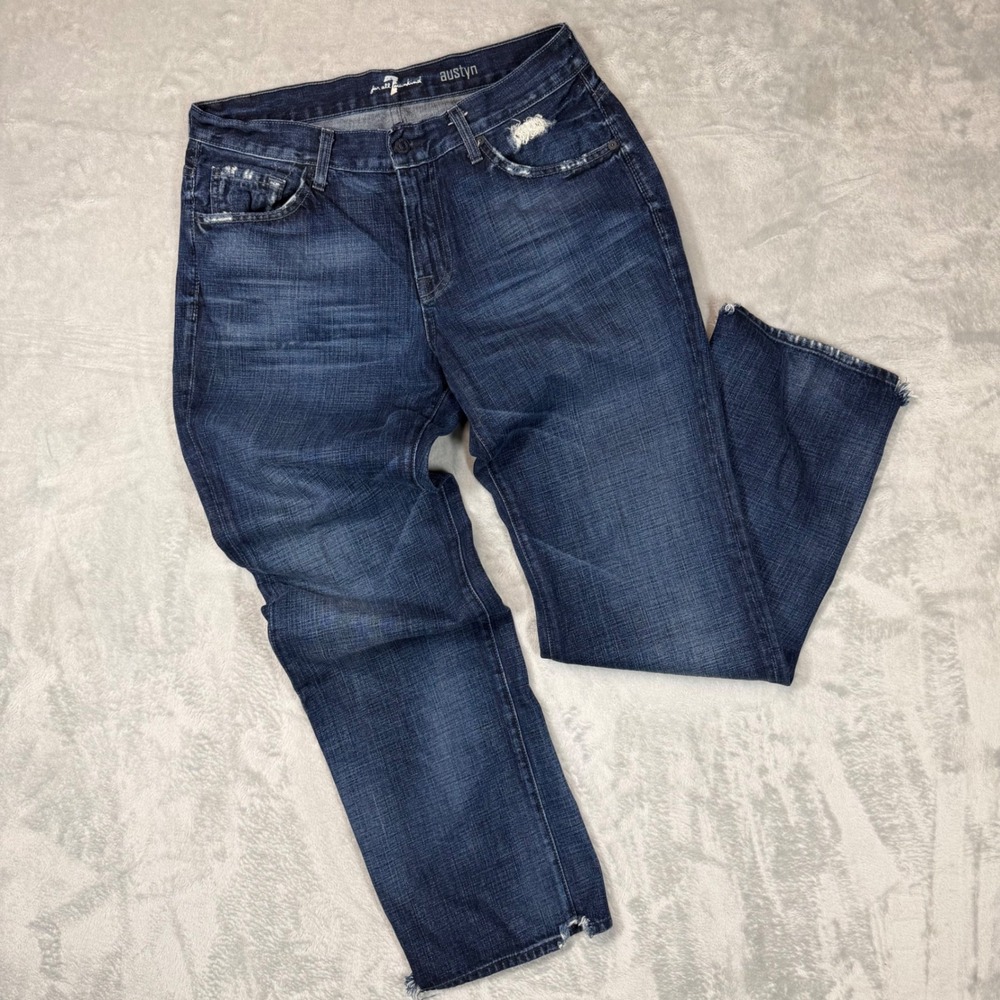 7 For All Mankind Austyn Relaxed Straight Jeans Dark Wash Distressed 34 Mens